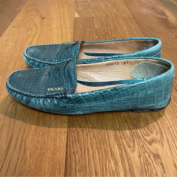 Prada Green Crocodile Embossed Leather Penny Loafer Size EU 37 = US 7 - Picture 2 of 12